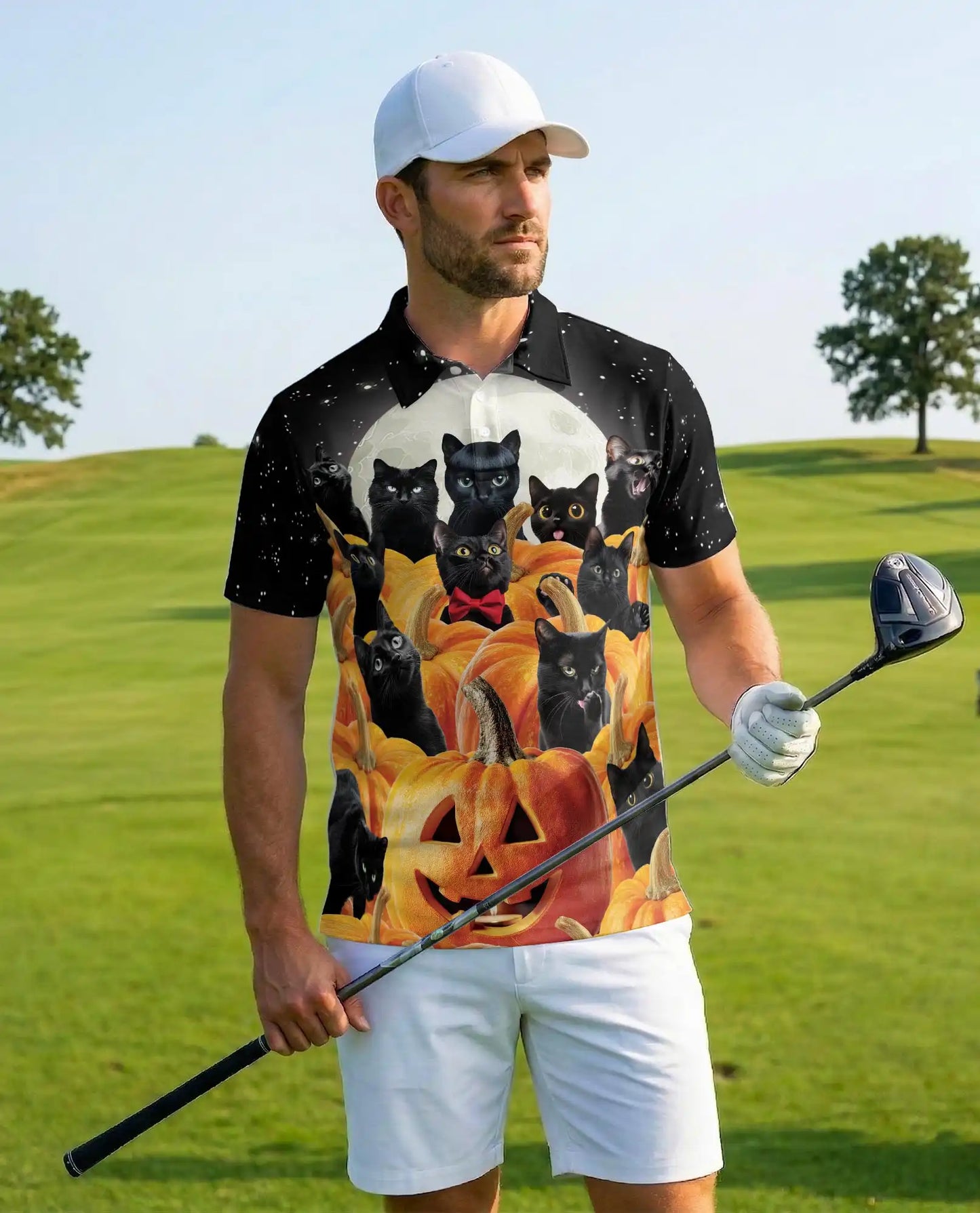 Black Cat Halloween Polo Shirt - Pumpkin Moon Night Style | Azhawaiian