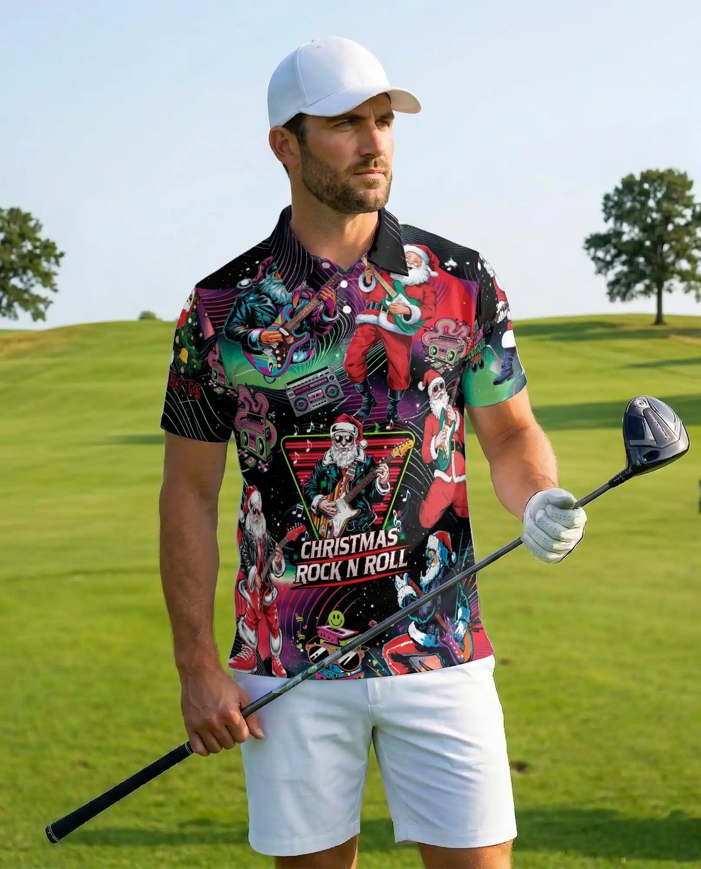 Christmas Rock Santa Polo Shirt, Retro Music Print | Azhawaiian