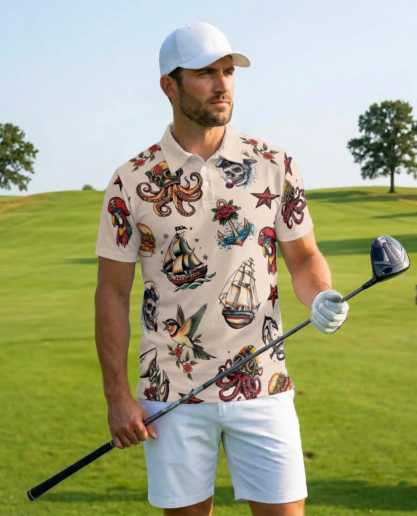 Pirate Tattoo Polo Shirt - Nautical Skull Octopus Sailor Design | Azhawaiian