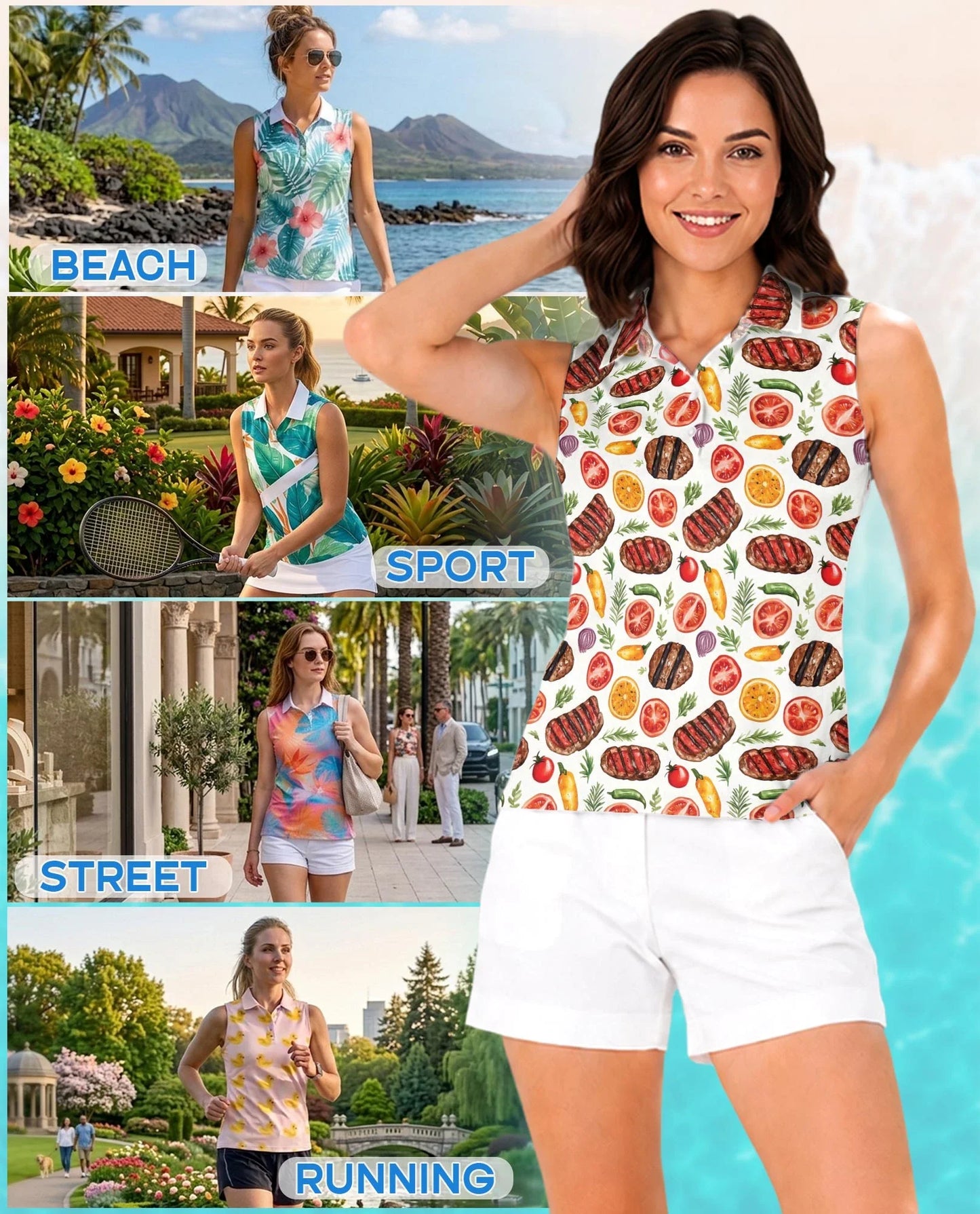 BBQ Pattern Sleeveless Polo Shirt for Women | Azhawaiian