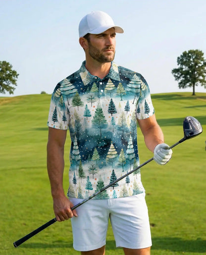 Winter Forest Polo Shirt - Snowy Christmas Tree Style | Azhawaiian