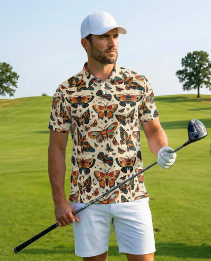 Vintage Butterfly Pattern Polo Shirt for Men, Retro Floral Nature Style | Azhawaiian