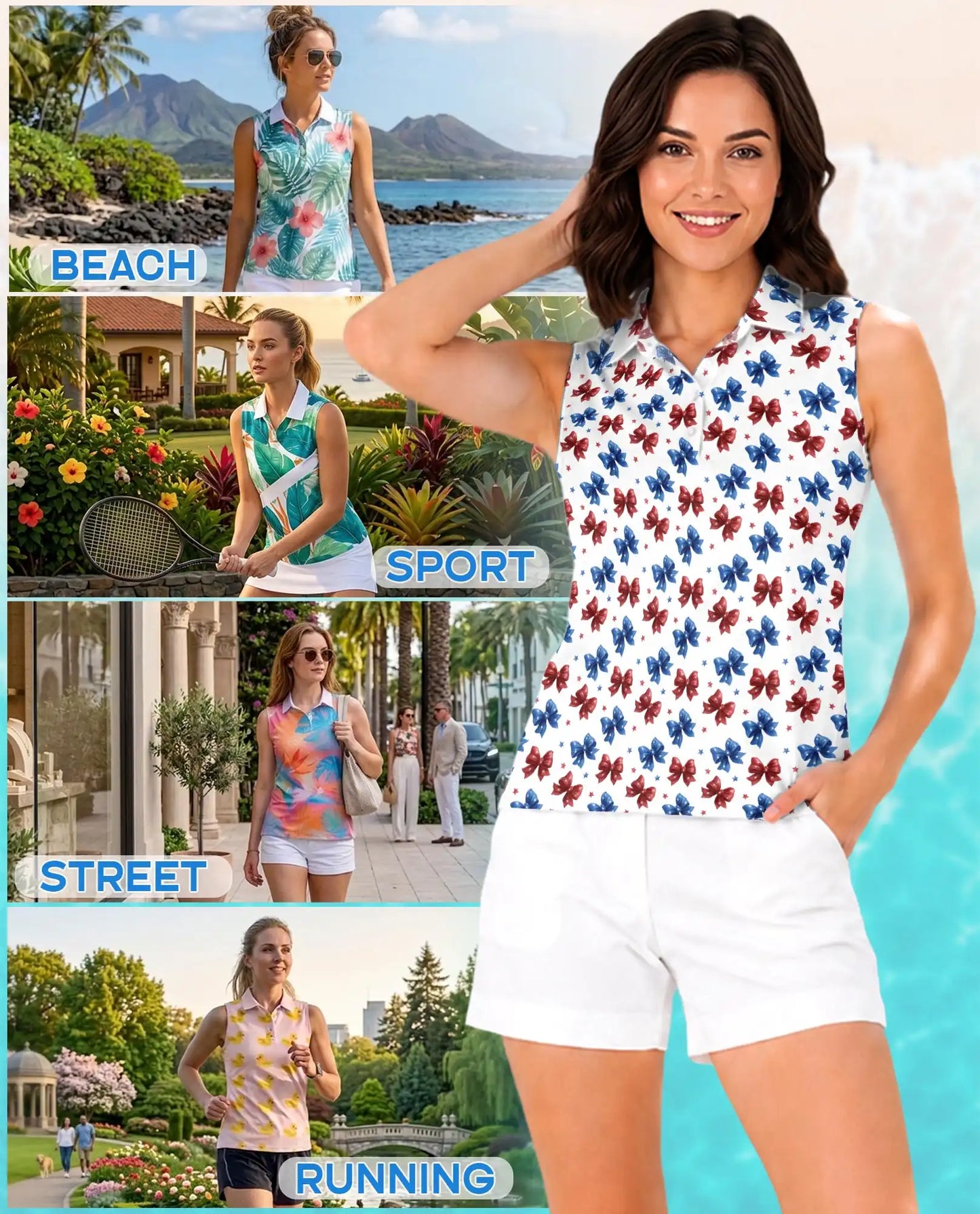 Patriotic Bow Print Sleeveless Polo Shirt for Women | Azhawaiian
