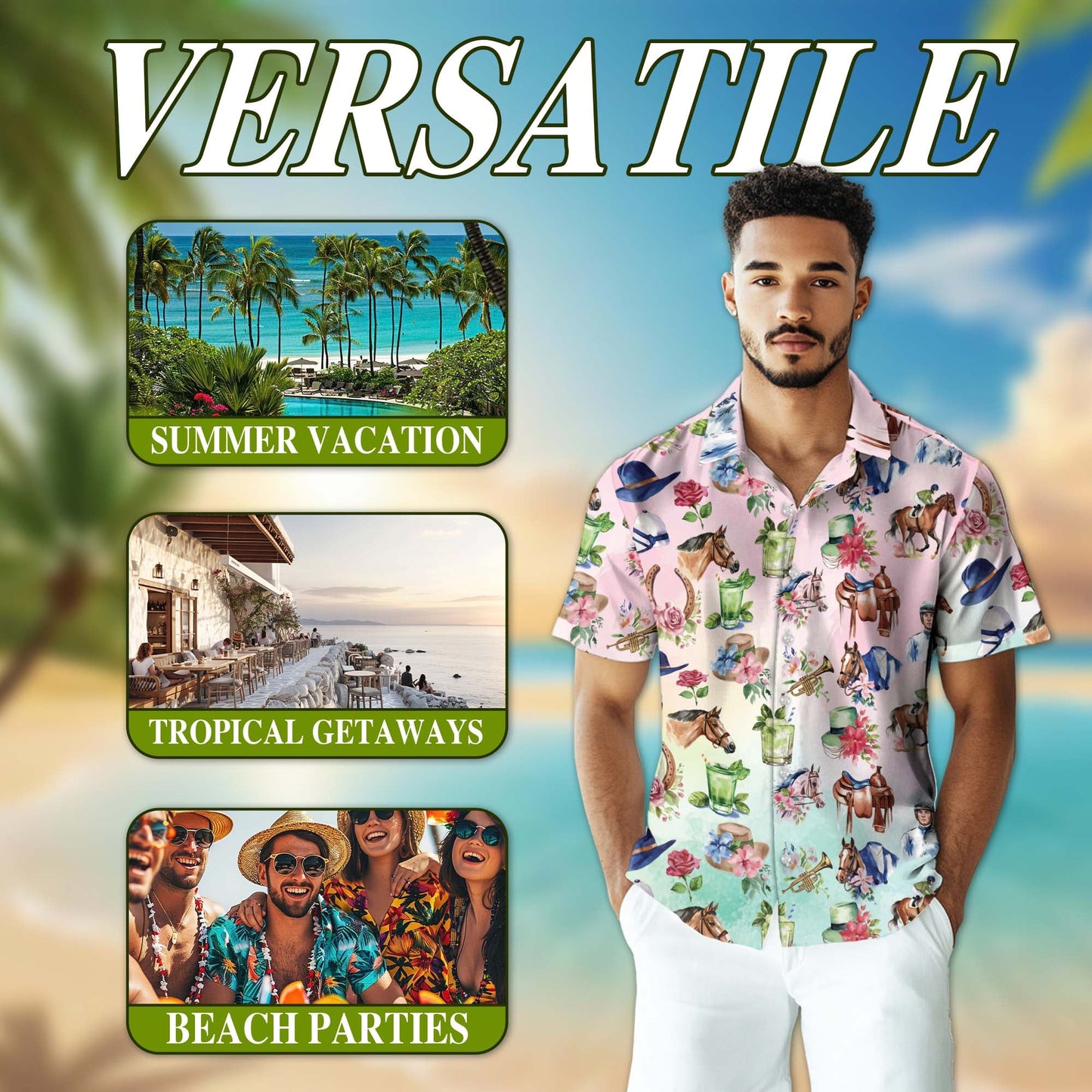 Watercolor Horse Racing Pattern Hawaiian Shirt for Men, Button Down Aloha Shirt - Azhawaiian
