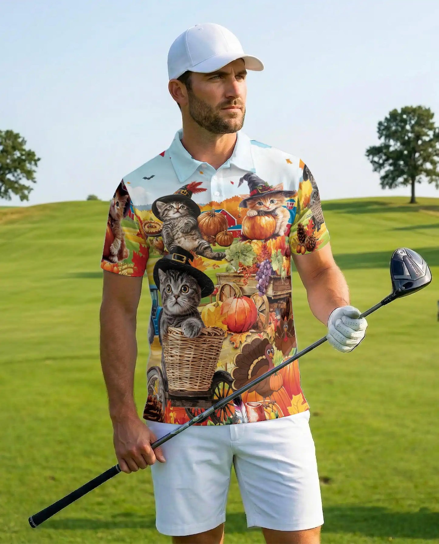 Autumn Harvest Cats Polo Shirt for Men, Cute Fall Kitten Print | Azhawaiian