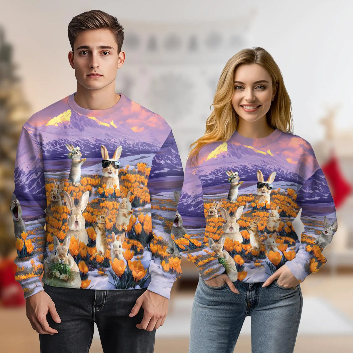 Rabbits in the Snow Sweatshirt – Colorful Graphic 3D All Over Print Design