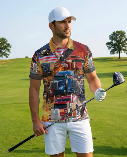 Patriotic Trucker Polo Shirt - American Flag Eagle Semi Truck Design | Azhawaiian