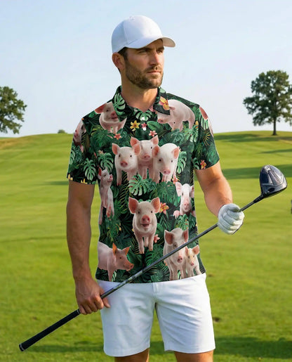 Tropical Pig Polo Shirt, Farm Animal Island Style | Azhawaiian