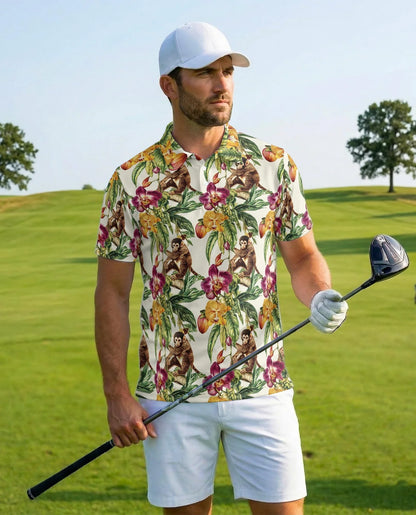Tropical Monkey Polo Shirt for Men, Jungle Animal Summer Style | Azhawaiian