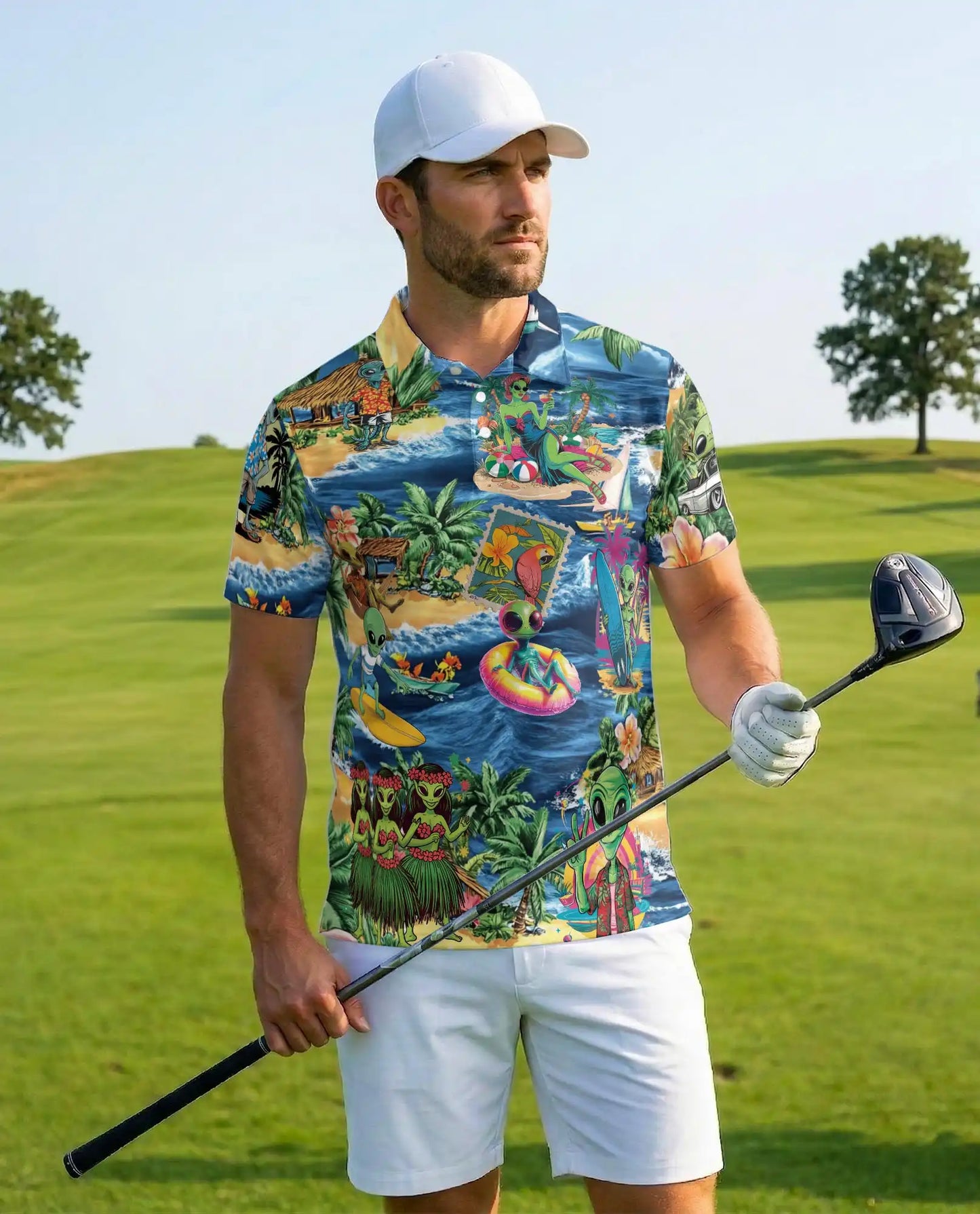 Alien Beach Hawaiian Polo Shirt - Funny UFO Tropical Surfing Design | Azhawaiian
