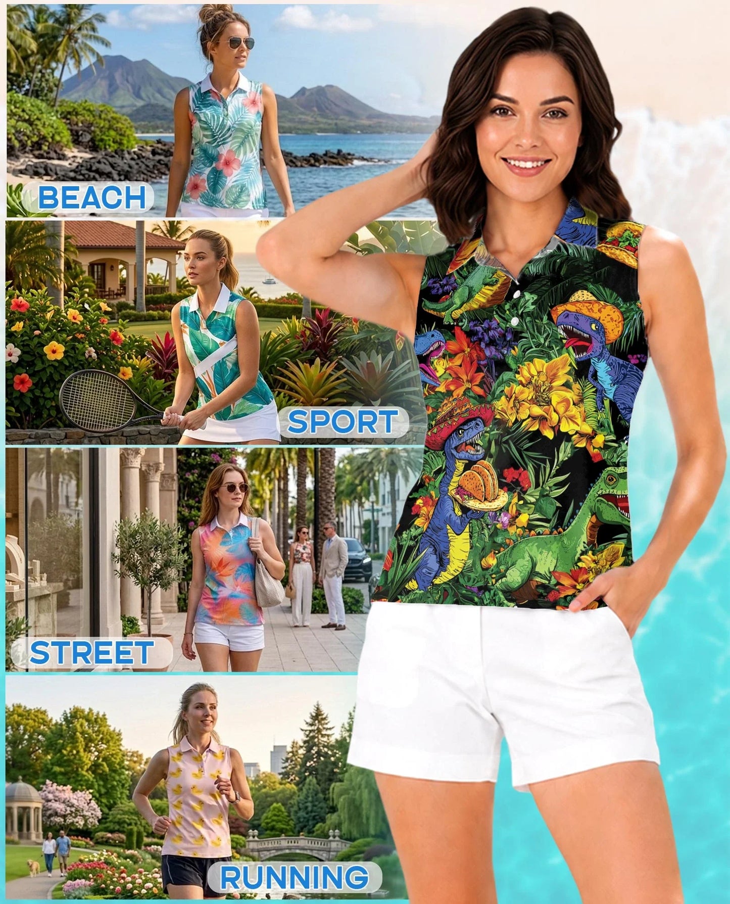 Taco T-Rex Sleeveless Polo Shirt for Women | Azhawaiian