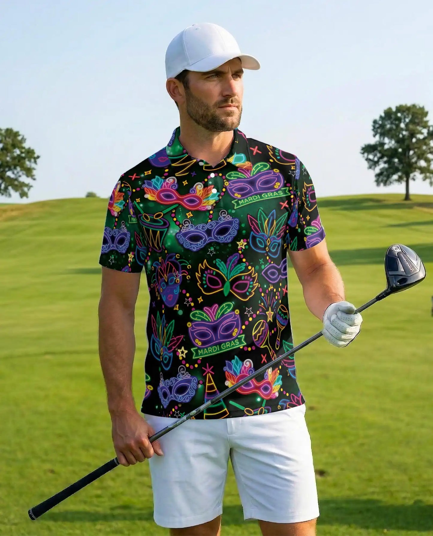 Neon Mardi Gras Carnival Polo Shirt-Masquerade Festival Design | Azhawaiian