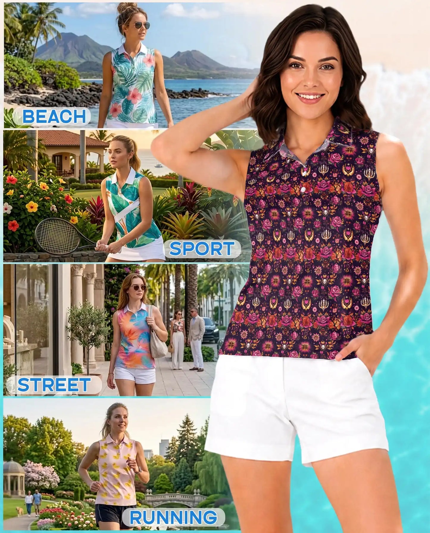 Traditional Pattern Sleeveless Polo Shirt for Women, Classic Cultural Style | Azhawaiian