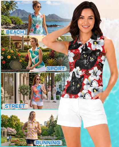 Black Cat Sleeveless Polo Shirt for Women | Azhawaiian