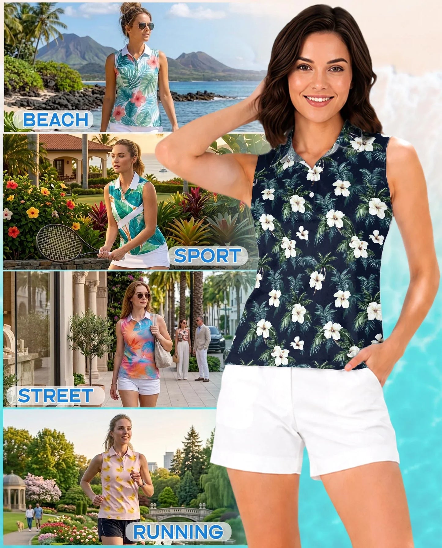 Tropical Hibiscus Pattern Sleeveless Polo Shirt for Women | Azhawaiian
