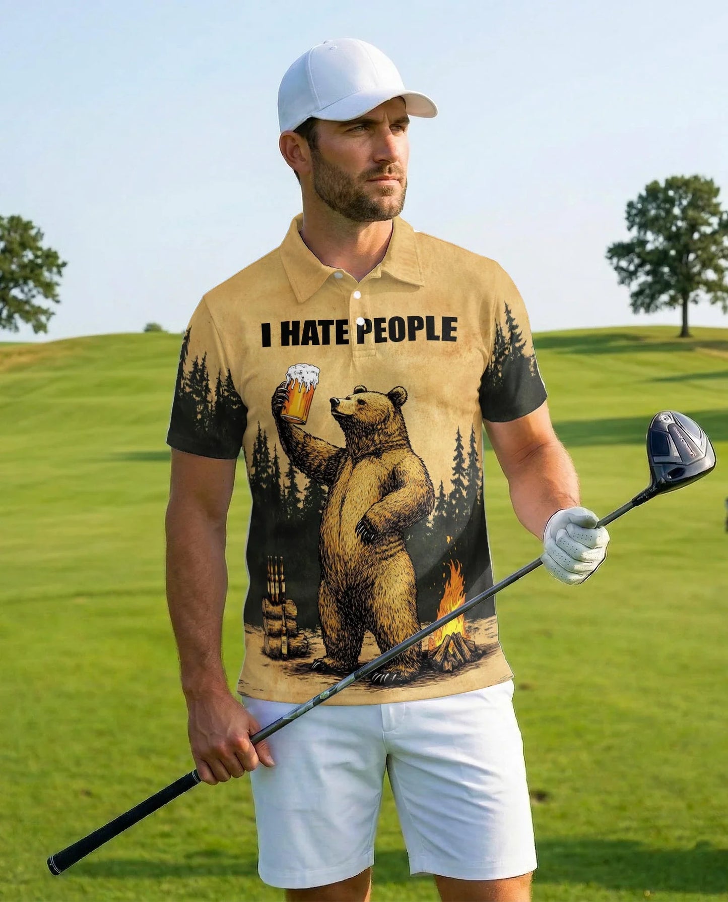Funny Bear Camping Polo Shirt for Men, Outdoor Beer Lover Style | Azhawaiian