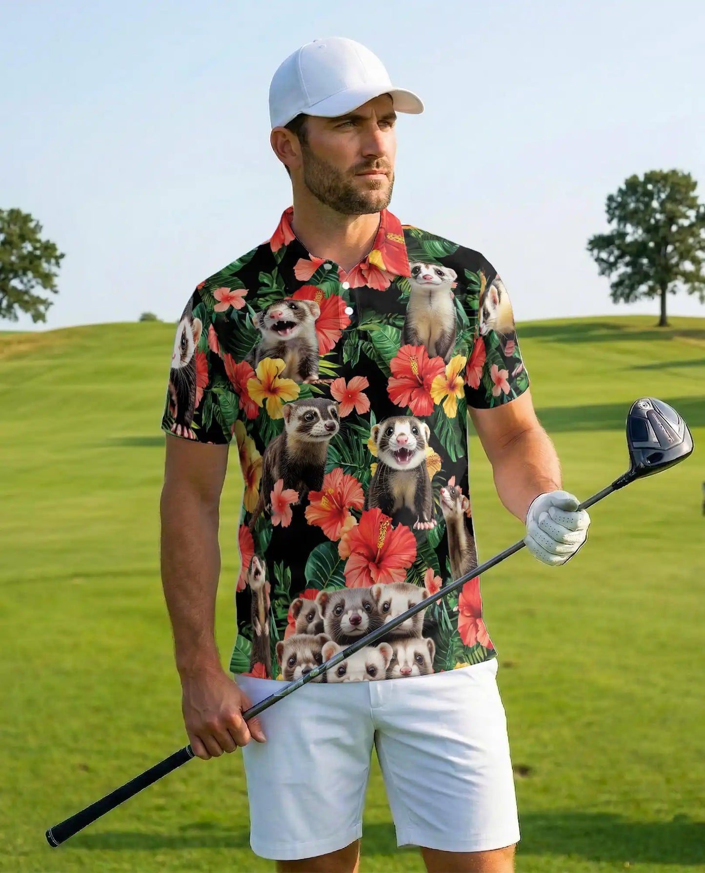 Funny Ferret Tropical Polo Shirt - Exotic Pet Hawaiian Style | Azhawaiian