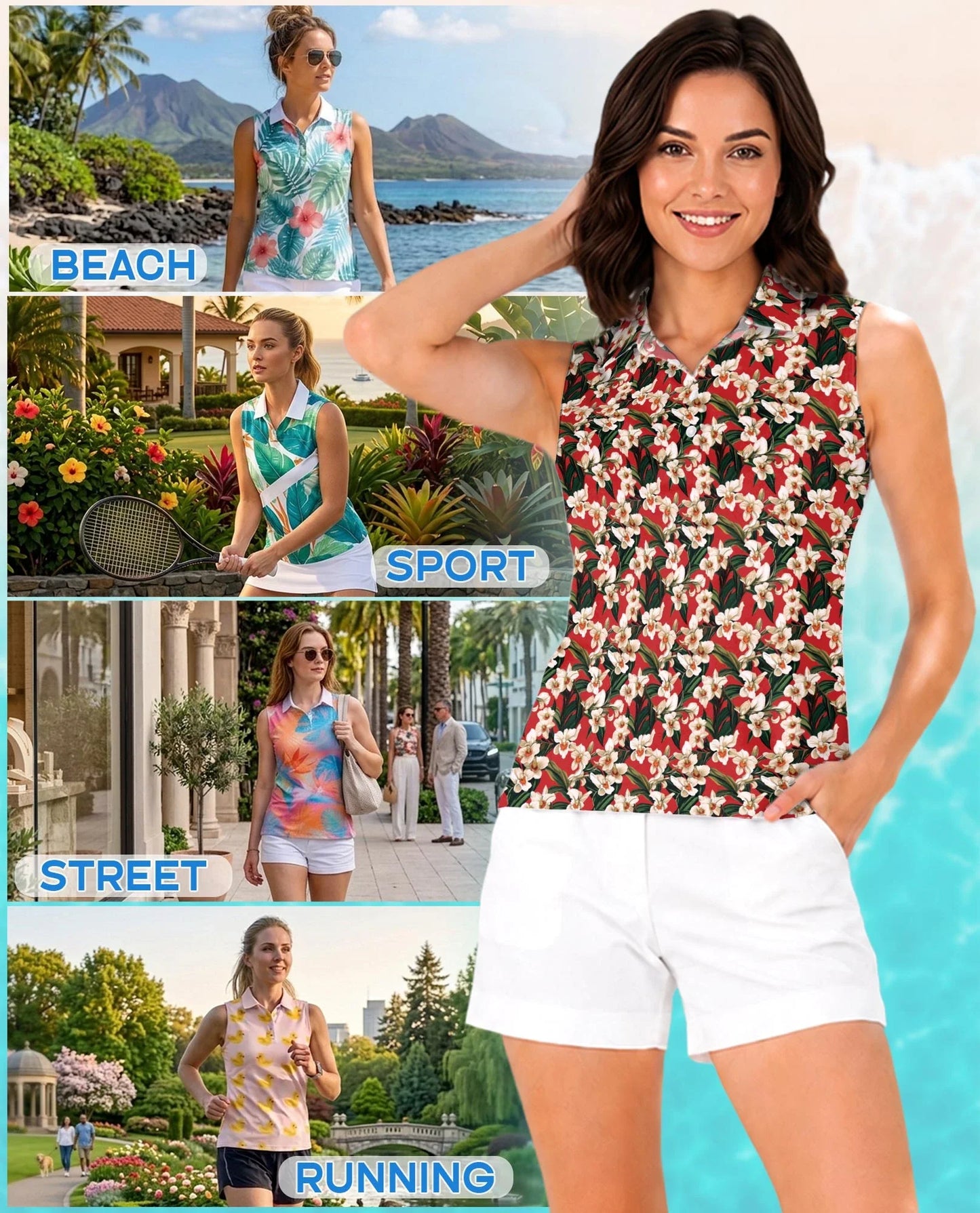 Red Orchid Ginger Sleeveless Polo Shirt for Women | Azhawaiian