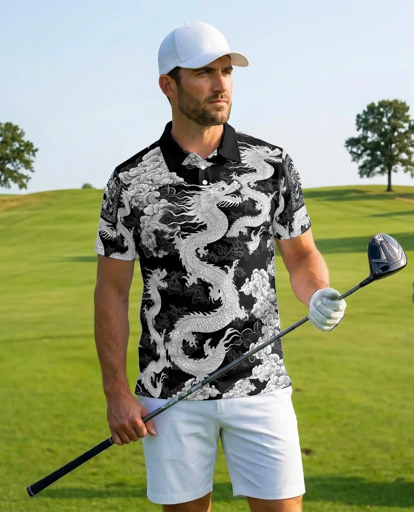 White Asian Dragon Polo Shirt for Men - Black Oriental Dragon Art | Azhawaiian