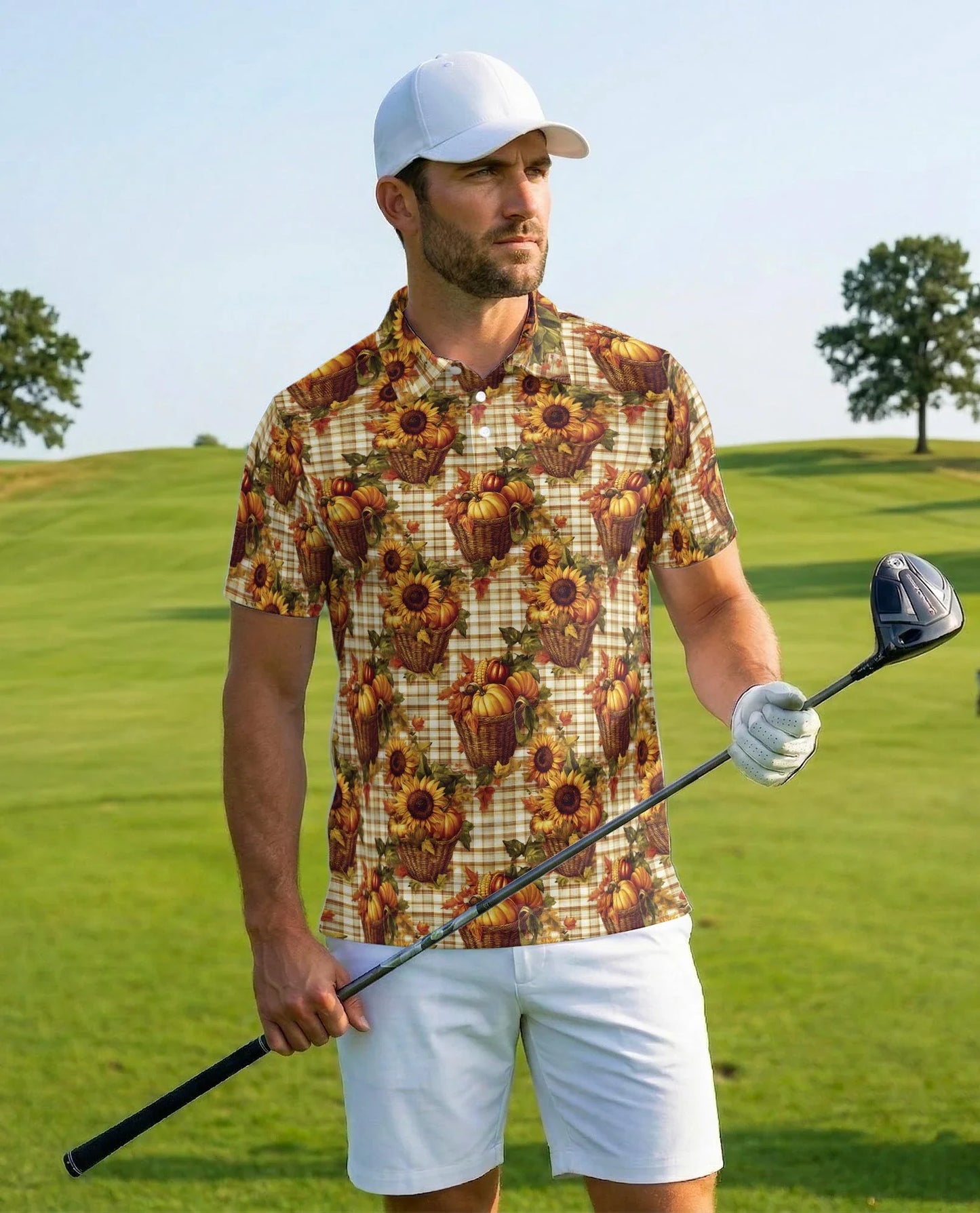 Autumn Harvest Gingham Pattern Polo Shirt for Men, Rustic Fall Style | Azhawaiian