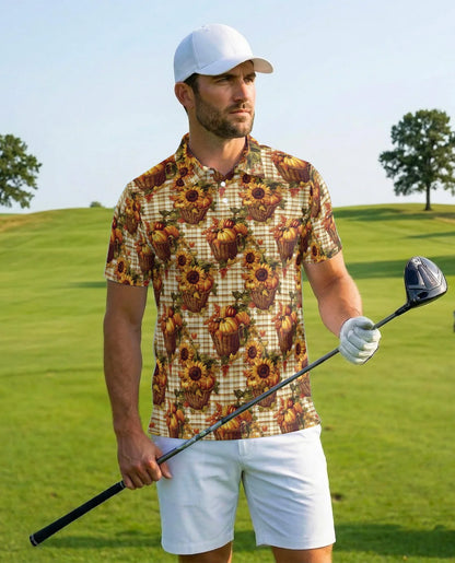 Autumn Harvest Gingham Pattern Polo Shirt for Men, Rustic Fall Style | Azhawaiian