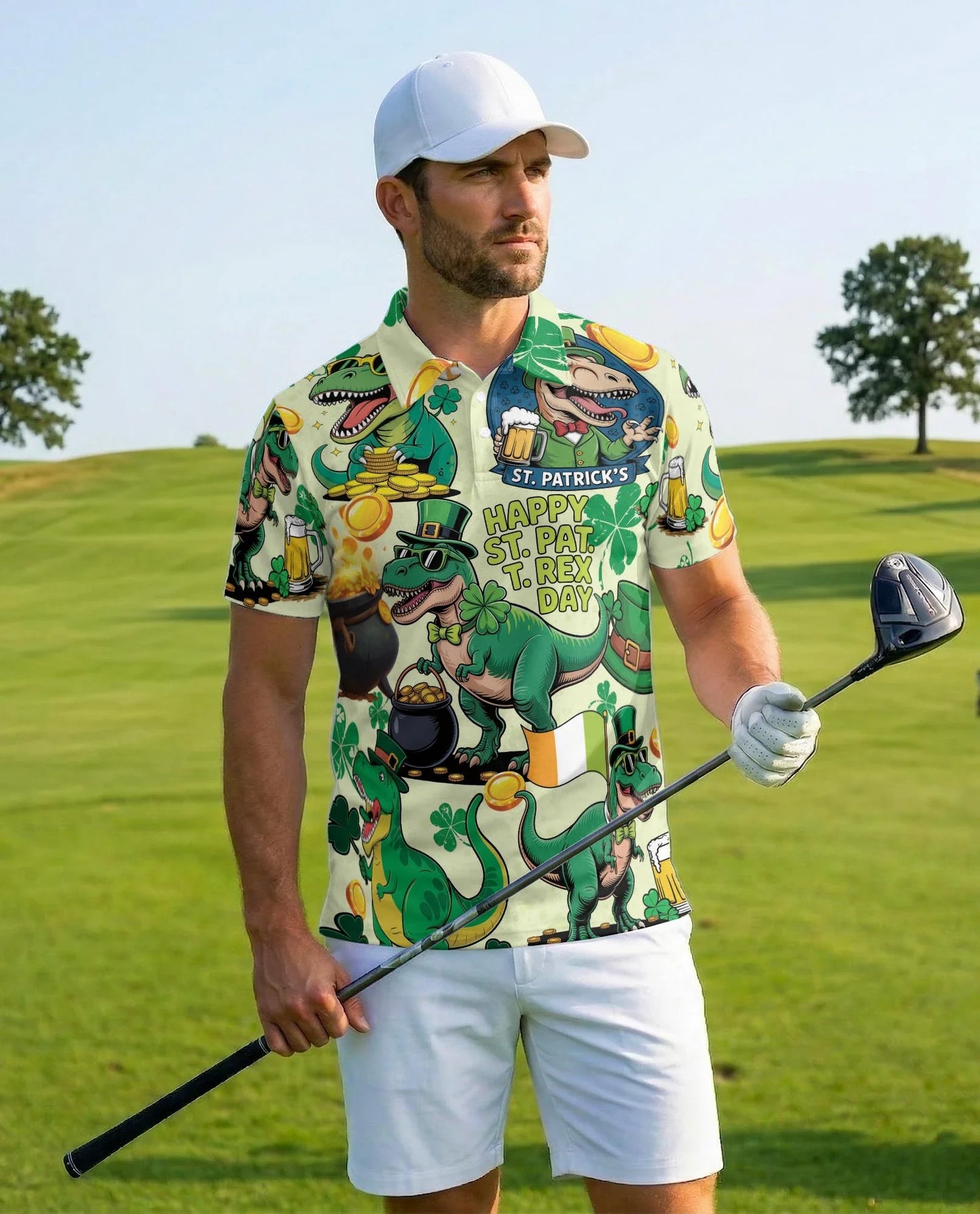 St. Patrick's Day Dinosaur Polo Shirt for Men, Funny Irish Holiday Style | Azhawaiian