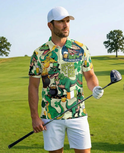 St. Patrick's Day Dinosaur Polo Shirt for Men, Funny Irish Holiday Style | Azhawaiian