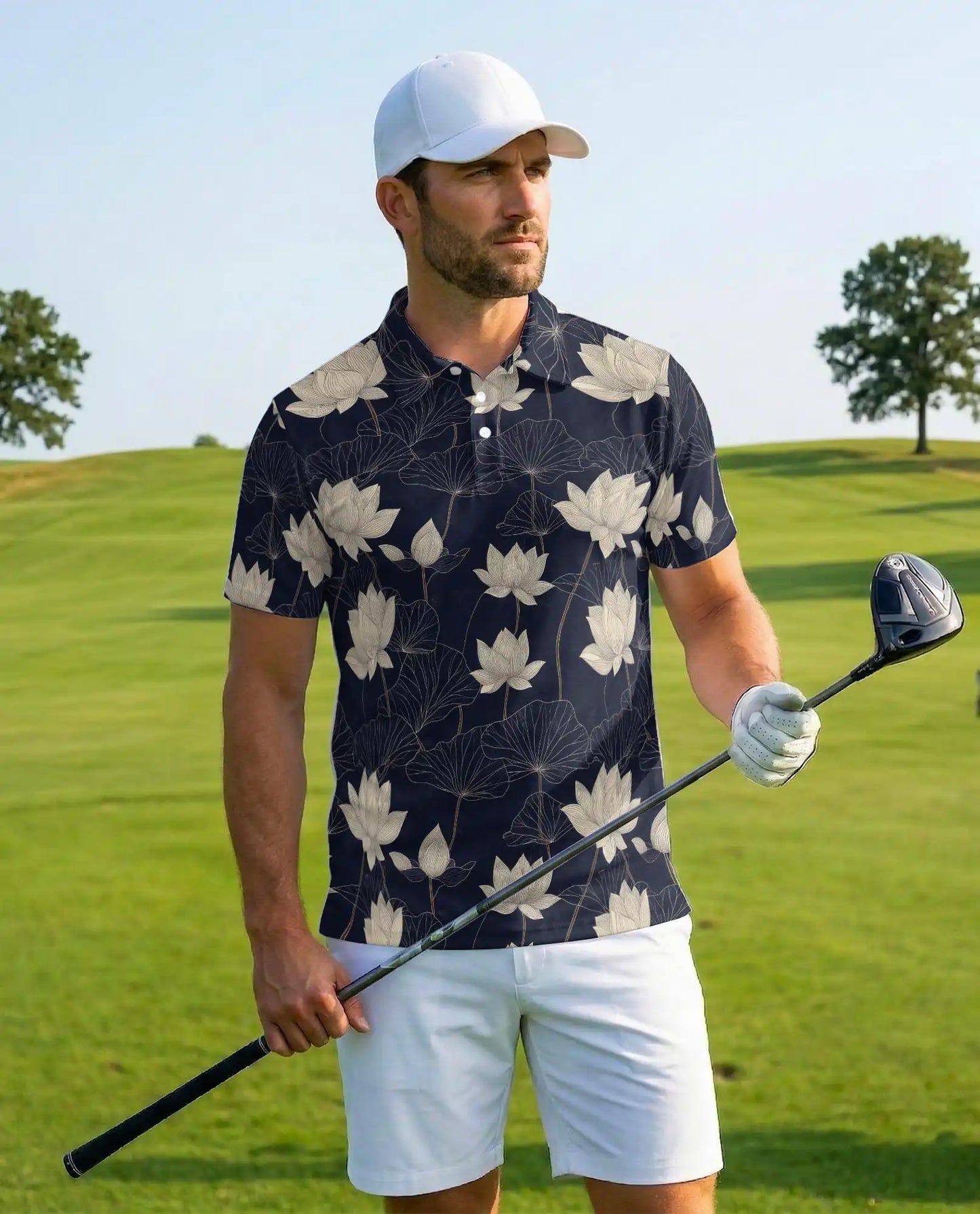 Lotus Flower Polo Shirt for Men, Elegant Botanical Style | Azhawaiian