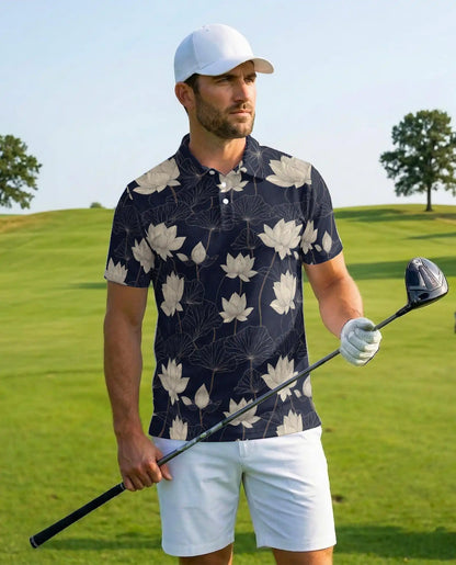 Lotus Flower Polo Shirt for Men, Elegant Botanical Style | Azhawaiian