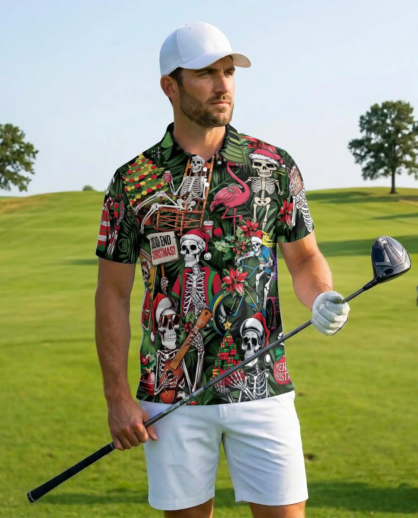Funny Skeleton Christmas 3D Polo Shirt for Men, Tropical Holiday Gothic Style | Azhawaiian