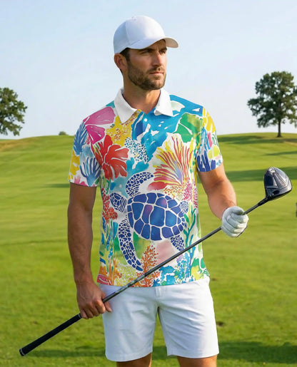 Colorful Sea Turtle Polo Shirt for Men, Vibrant Ocean Design | Azhawaiian