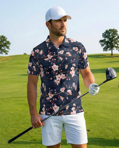 Cherry Blossom Branch Polo Shirt for Men, Spring Floral Style | Azhawaiian