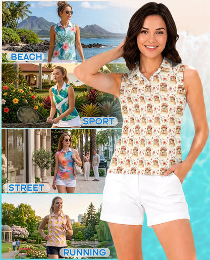 Floral Capybara Pattern Sleeveless Polo Shirt for Women | Azhawaiian