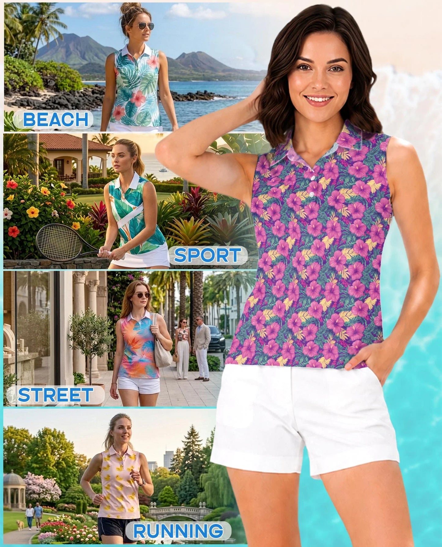Tropical Hibiscus Purple Sleeveless Polo Shirt for Women | Azhawaiian