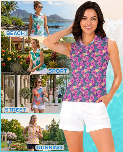 Tropical Hibiscus Purple Sleeveless Polo Shirt for Women | Azhawaiian