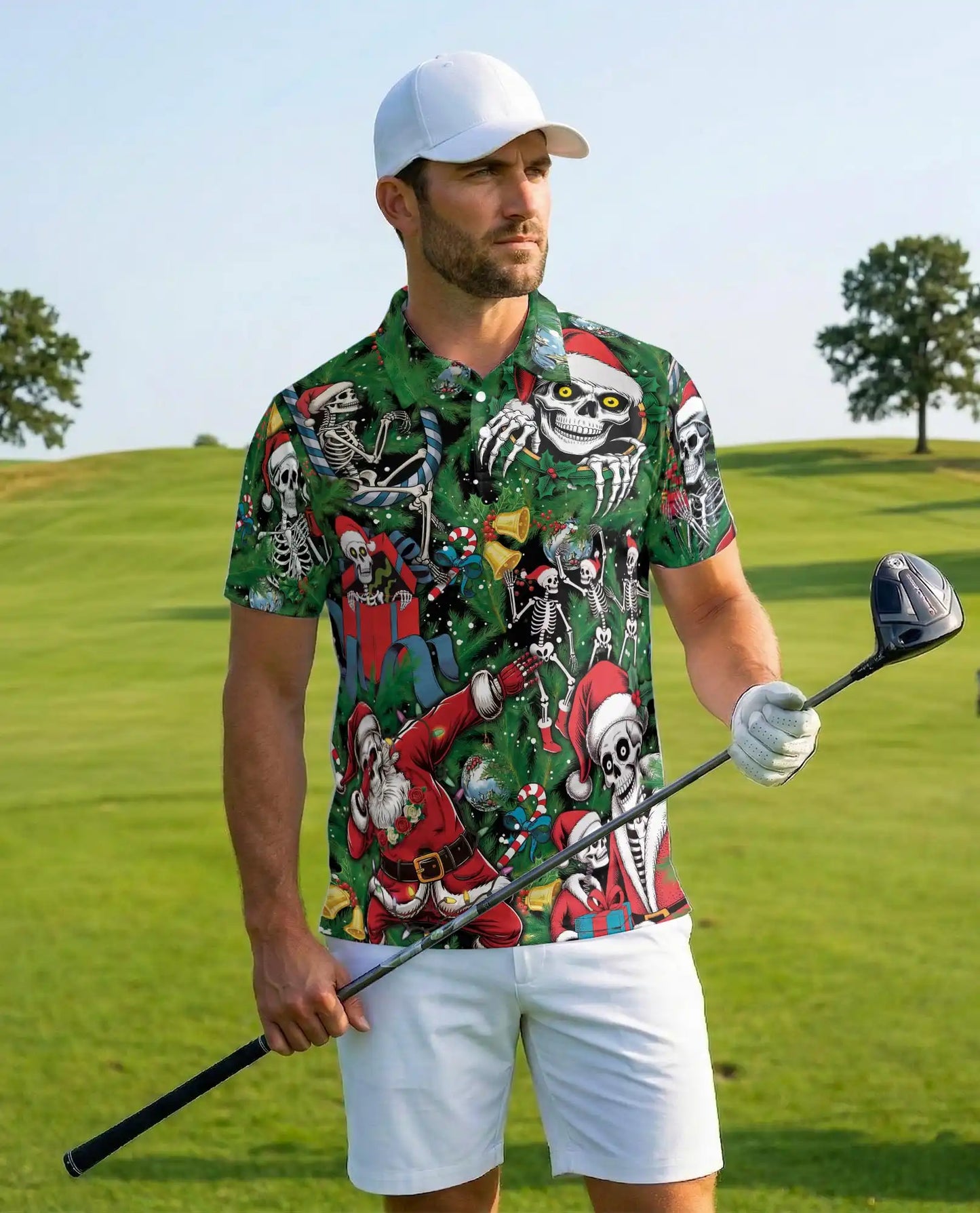 Skeleton Christmas Polo Shirt, Funny Holiday Skull Print | Azhawaiian