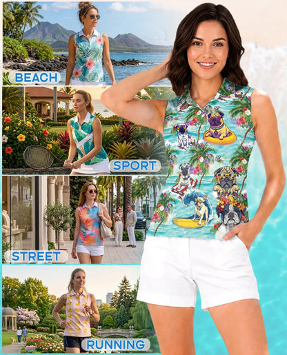 Pug Beach Tropical Sleeveless Polo Shirt for Women, Cute Dog Summer Style | Azhawaiian