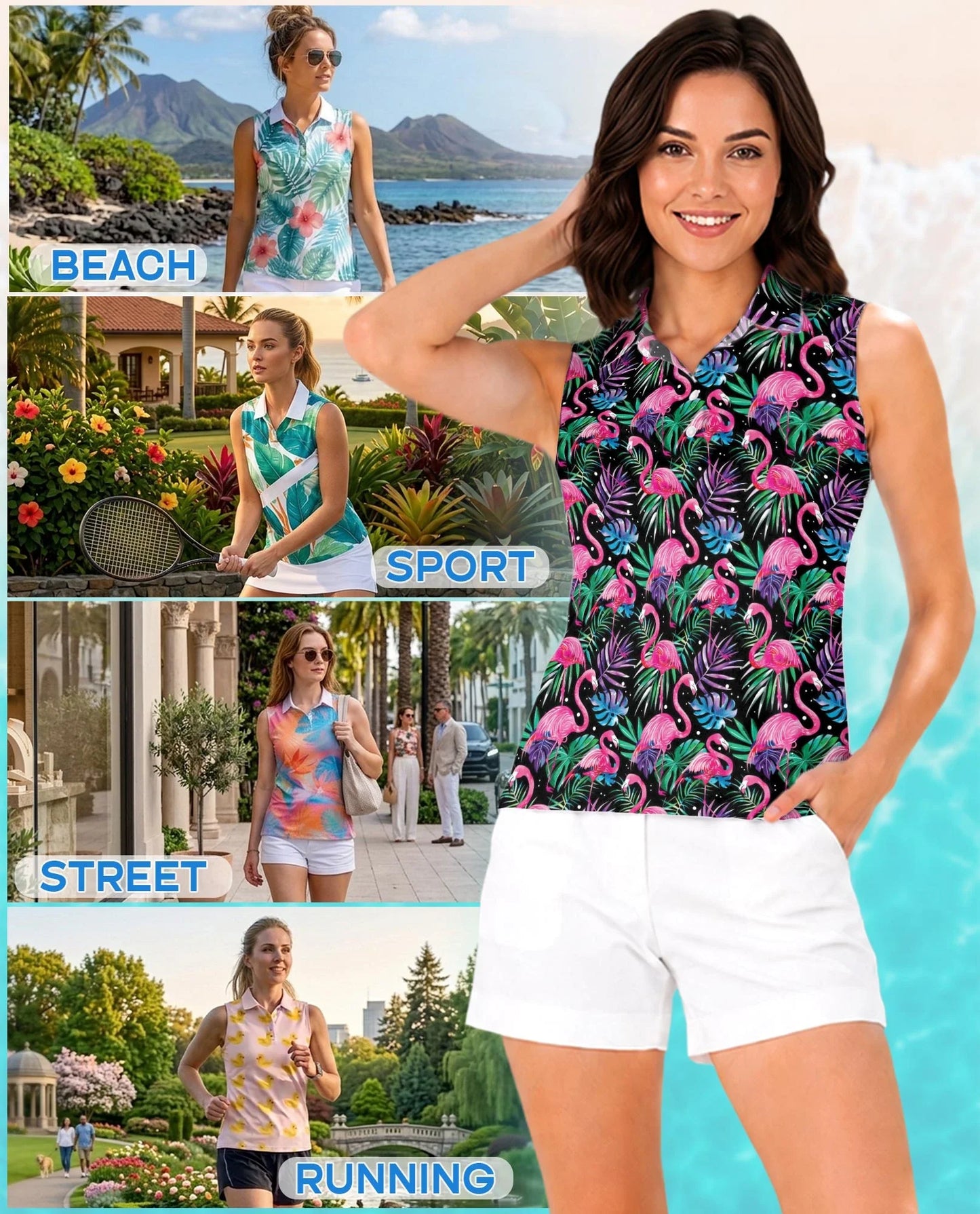 Flamingo Leaf Summer Sleeveless Polo Shirt for Women, Tropical Beach Style | Azhawaiian