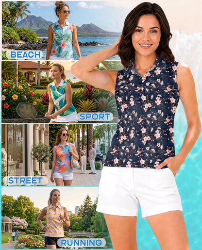 Navy Sakura Flower Sleeveless Polo Shirt for Women, Elegant Floral Style | Azhawaiian
