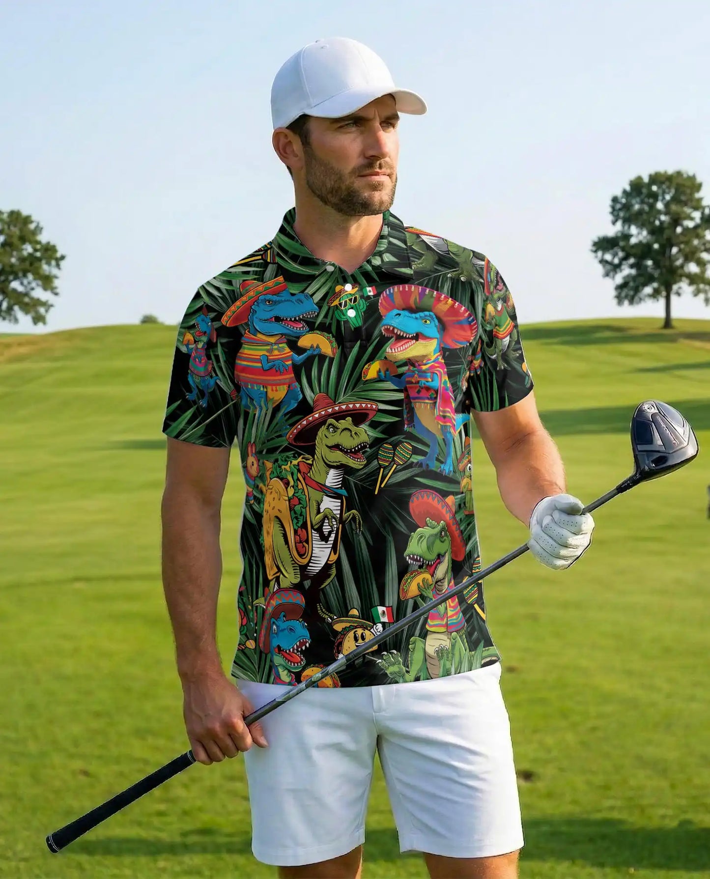 Fiesta Dinosaur Taco Hawaiian Polo Shirt-Funny Mexican Party Design | Azhawaiian