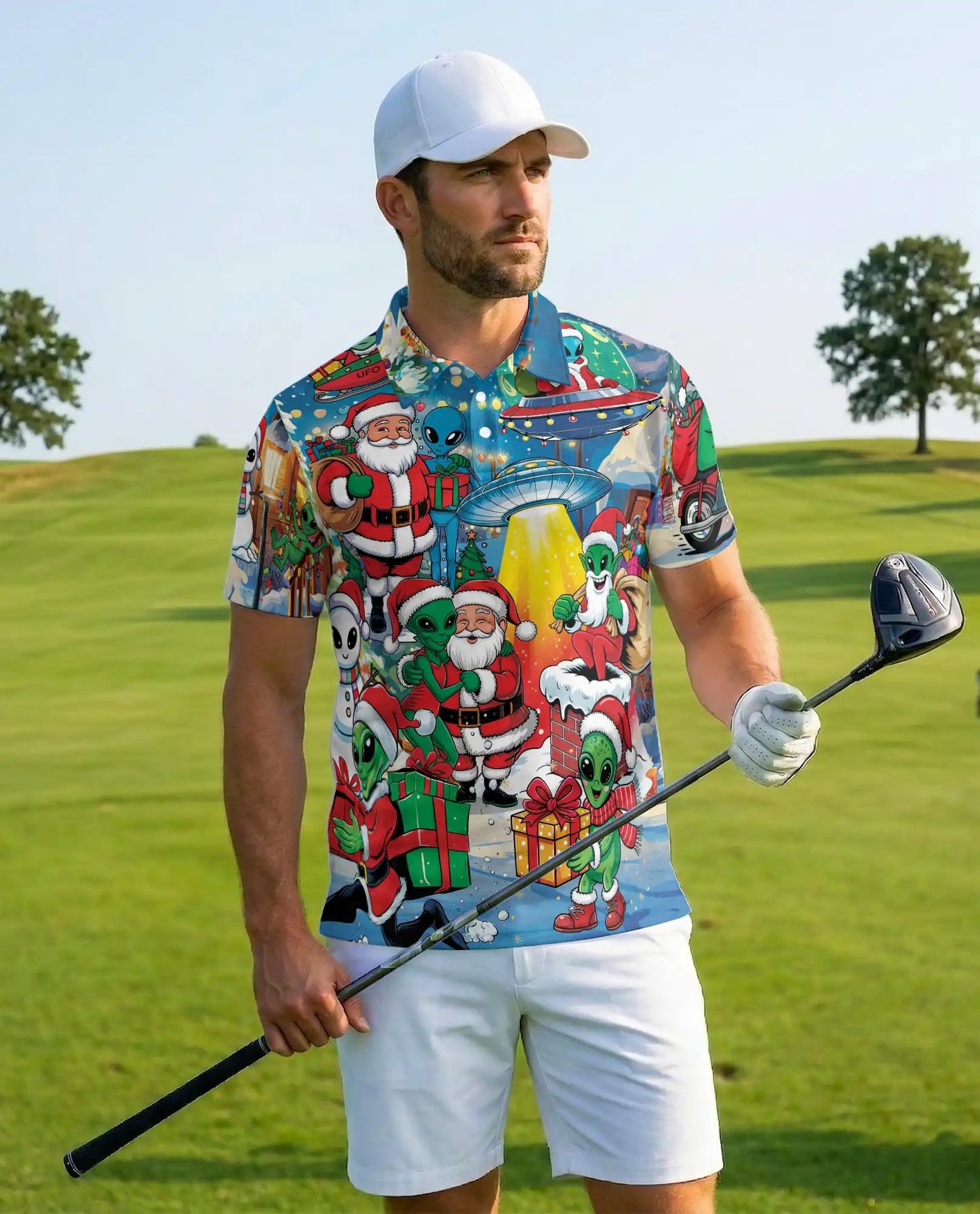 Funny Alien Santa 3D Polo Shirt for Men, Christmas UFO Galaxy Style | Azhawaiian