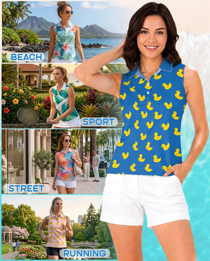 Yellow Rubber Duck Sleeveless Polo Shirt for Women | Azhawaiian
