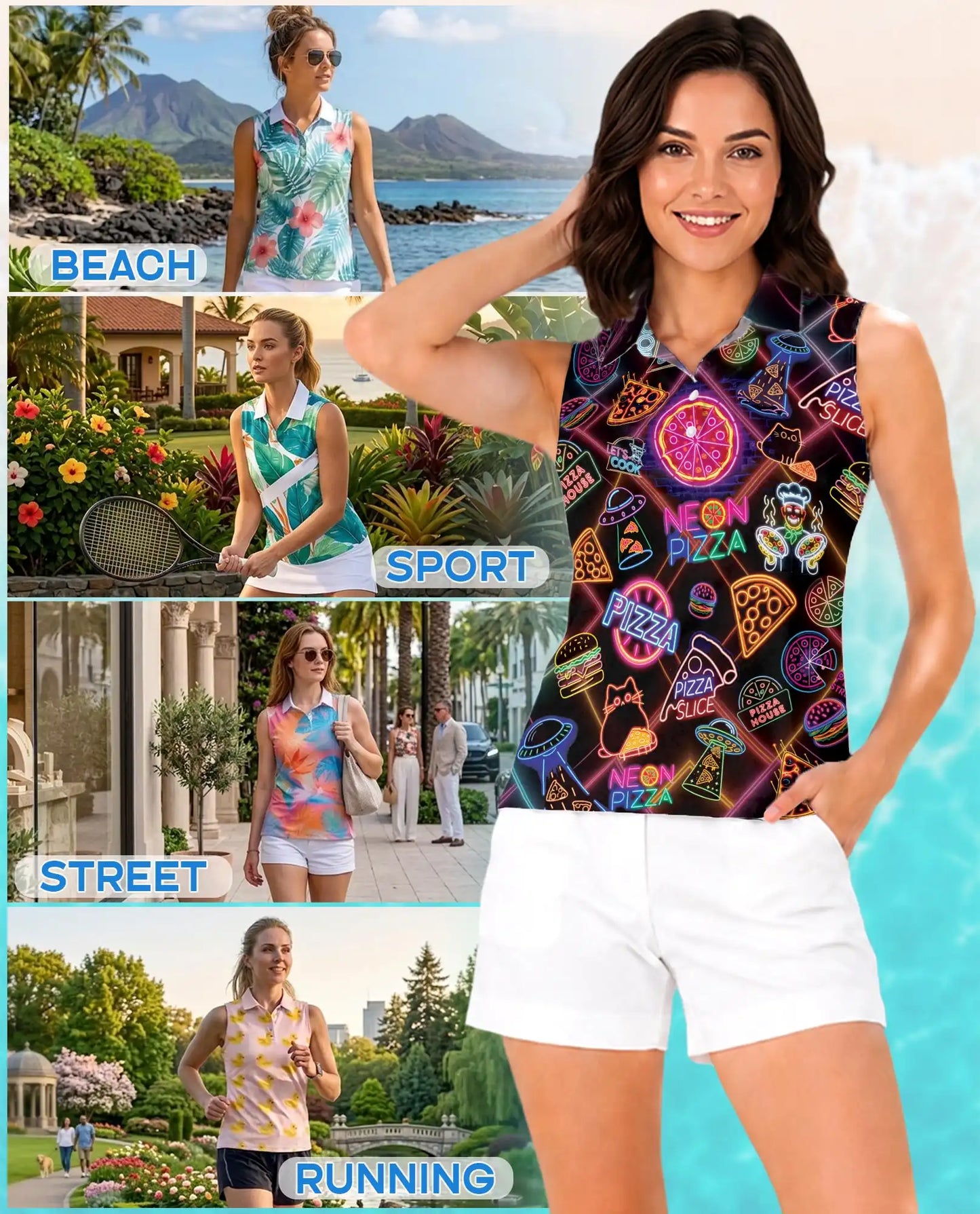 Retro Neon Pizza Sign Pattern Sleeveless Polo Shirt for Women | Azhawaiian
