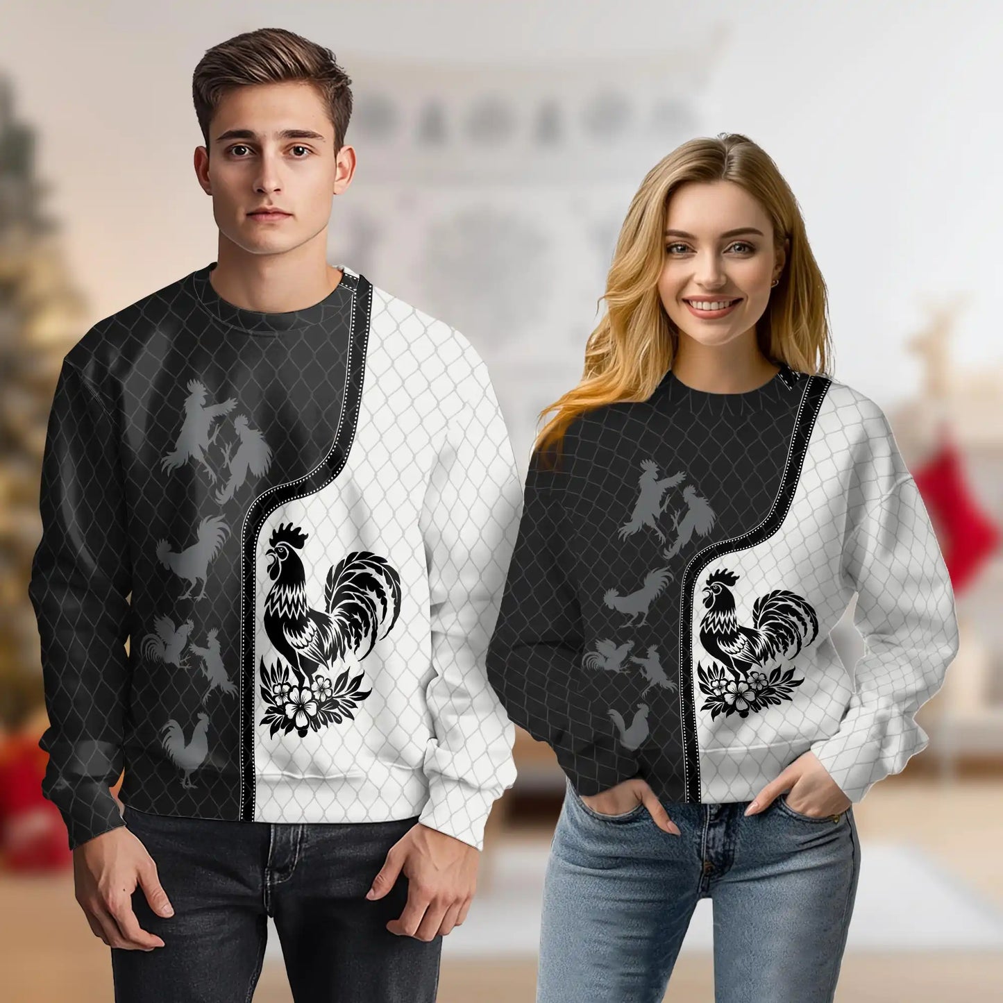 Monochrome Rooster Pattern Sweatshirt – Colorful Graphic 3D All Over Print Design