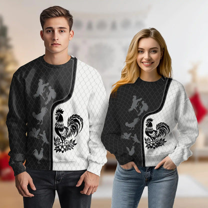 Monochrome Rooster Pattern Sweatshirt – Colorful Graphic 3D All Over Print Design