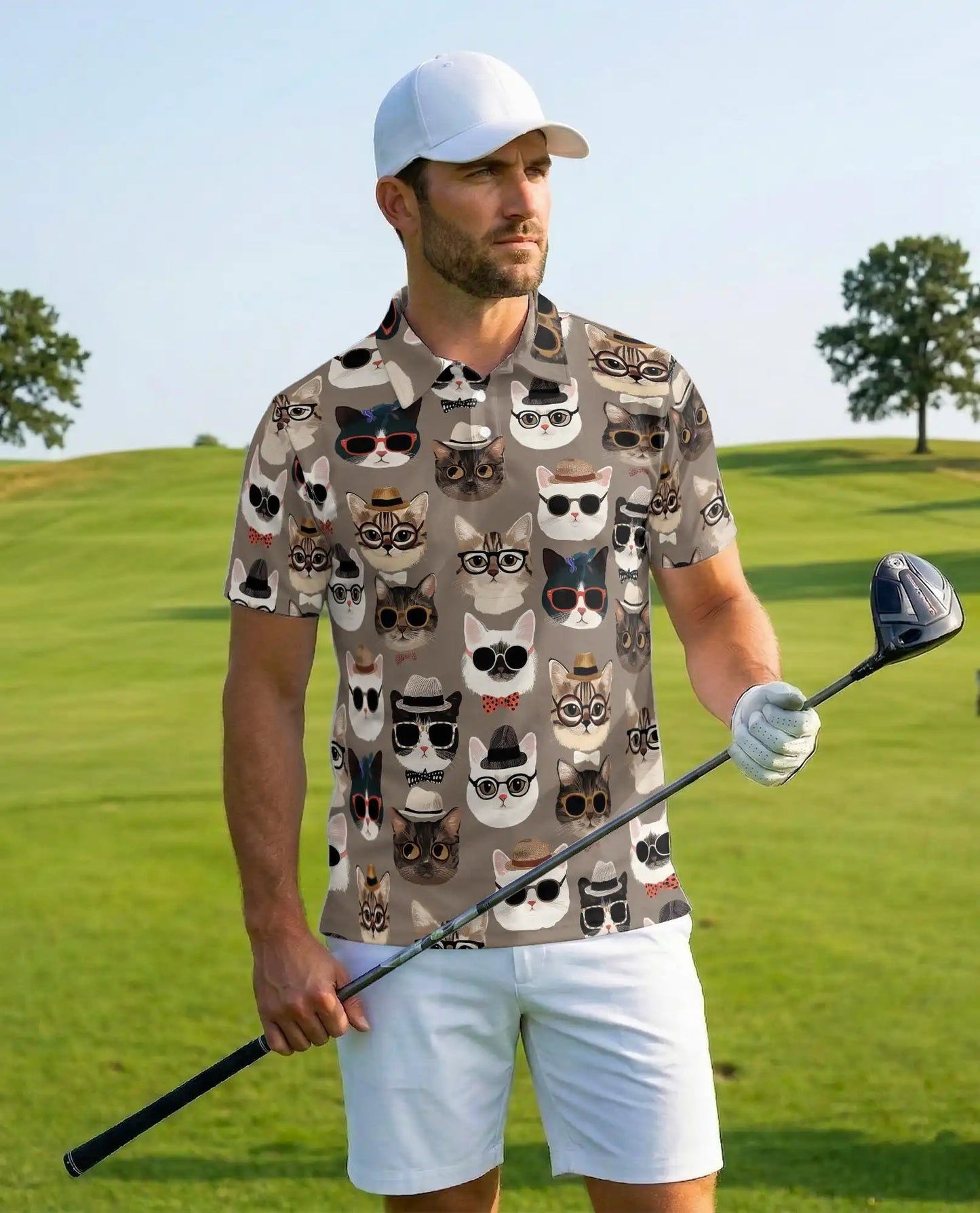 Funny Hipster Cat Polo Shirt For Men- Print Cool Cats With Glasses | Azhawaiian