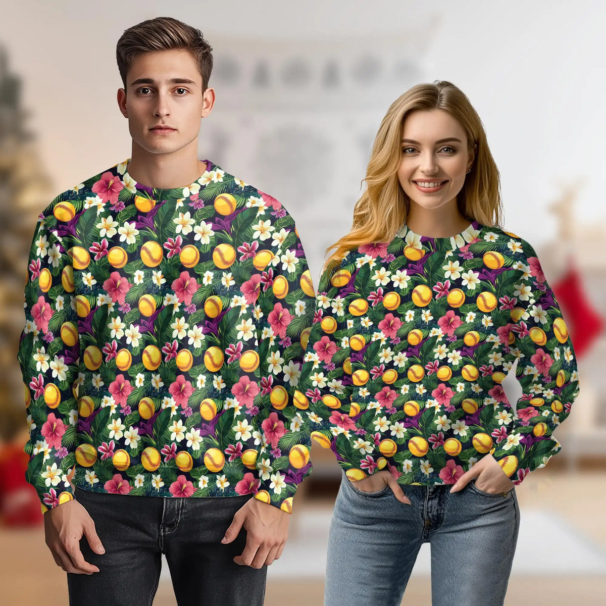 Softball Tropical Leaves and Flowers Sweatshirt – Tropical 3D All Over Print Design