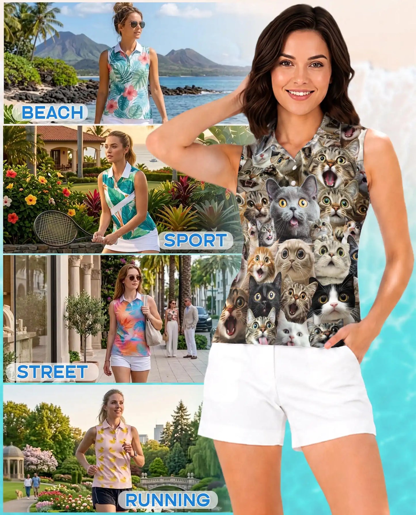 Cat Collage Sleeveless Polo Shirt for Women, Cute Feline Lover Style | Azhawaiian
