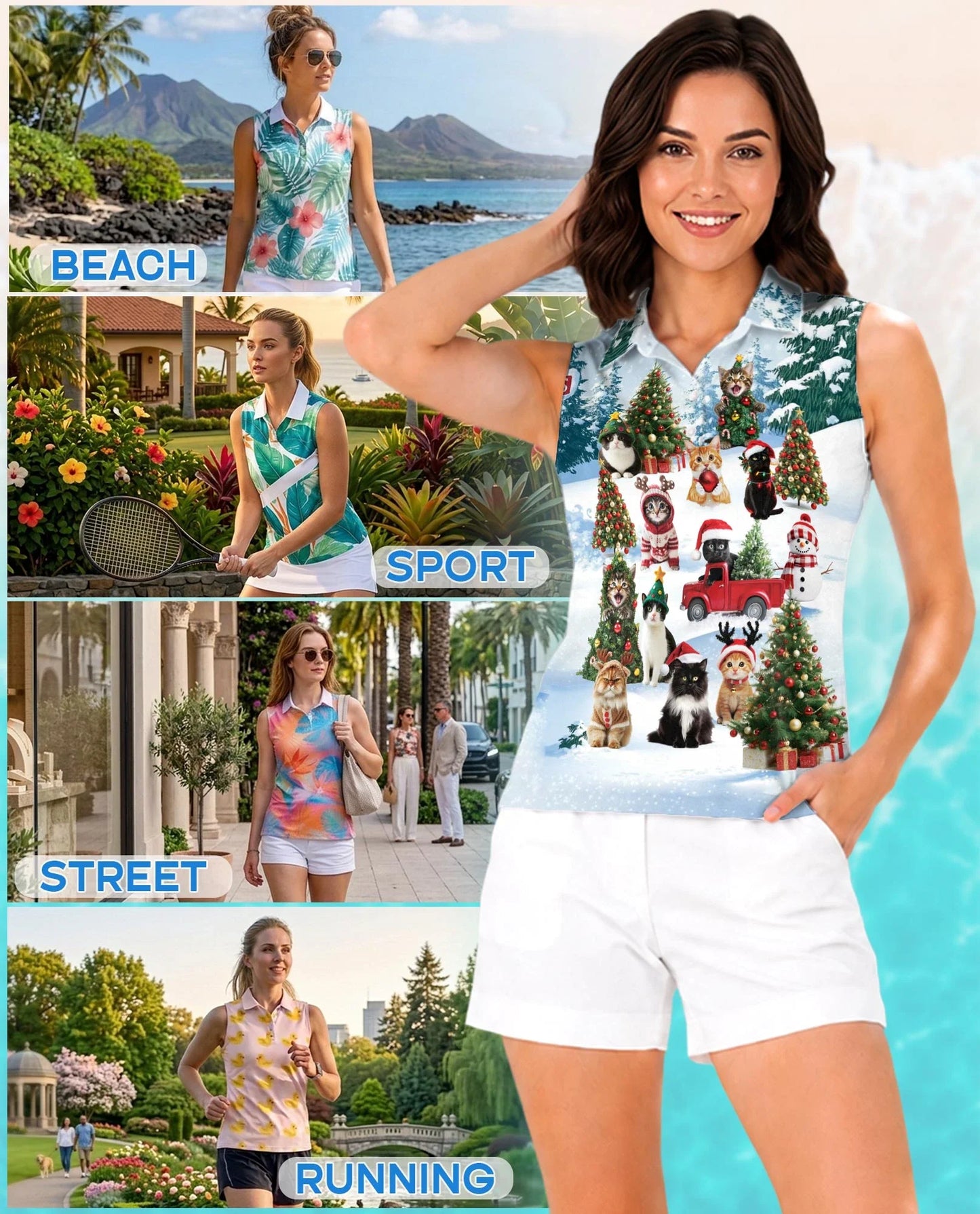 Cat Christmas Santa Sleeveless Polo Shirt for Women | Azhawaiian