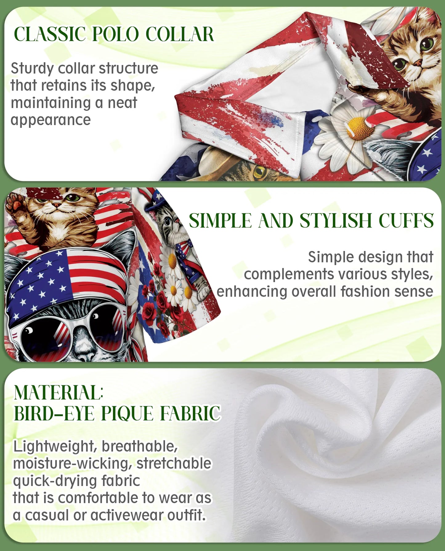 Patriotic Cat 3D Polo Shirt for Men, 4th of July USA Flag Style | Azhawaiian